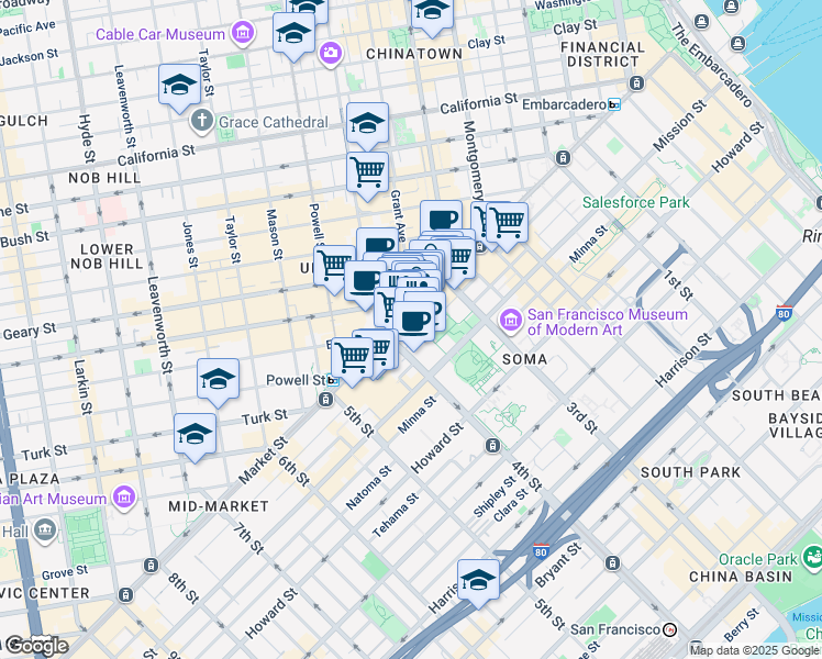 map of restaurants, bars, coffee shops, grocery stores, and more near 1 Yerba Buena Lane in San Francisco