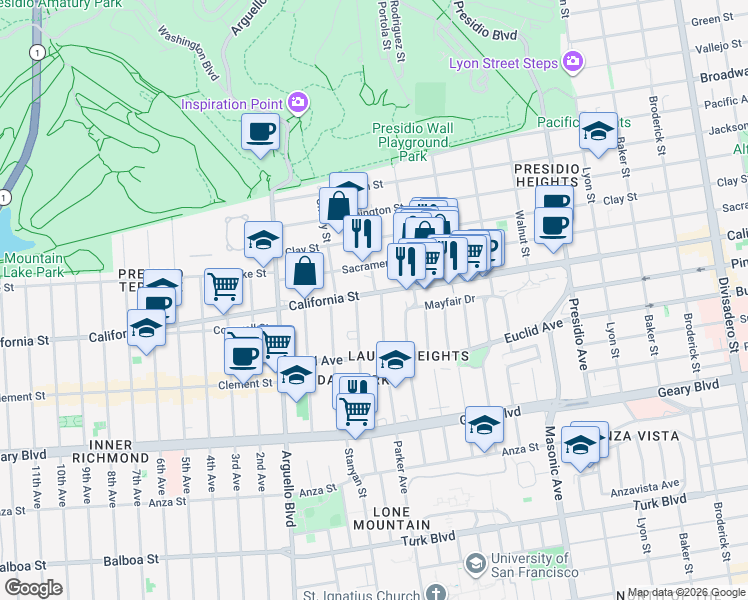 map of restaurants, bars, coffee shops, grocery stores, and more near 3740 California Street in San Francisco