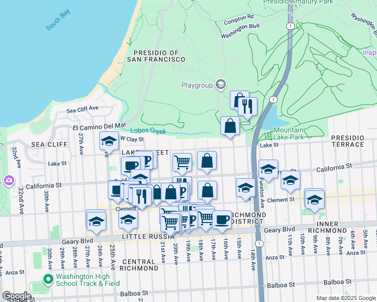 map of restaurants, bars, coffee shops, grocery stores, and more near 1731 Lake Street in San Francisco