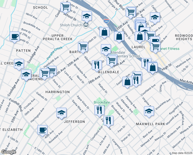 map of restaurants, bars, coffee shops, grocery stores, and more near 2635 38th Avenue in Oakland