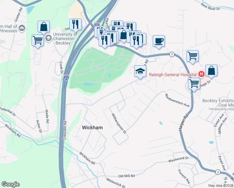 map of restaurants, bars, coffee shops, grocery stores, and more near 223-299 Crescent Road in Beckley