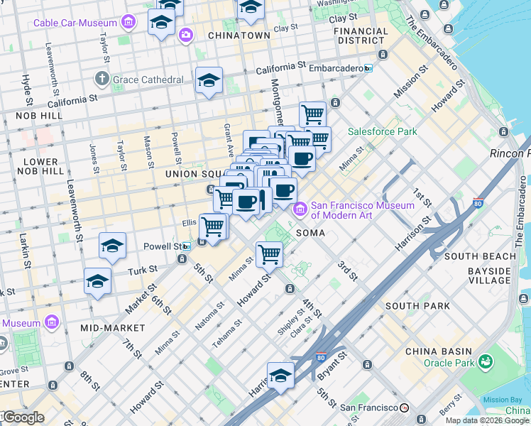 map of restaurants, bars, coffee shops, grocery stores, and more near 50 3rd Street in San Francisco