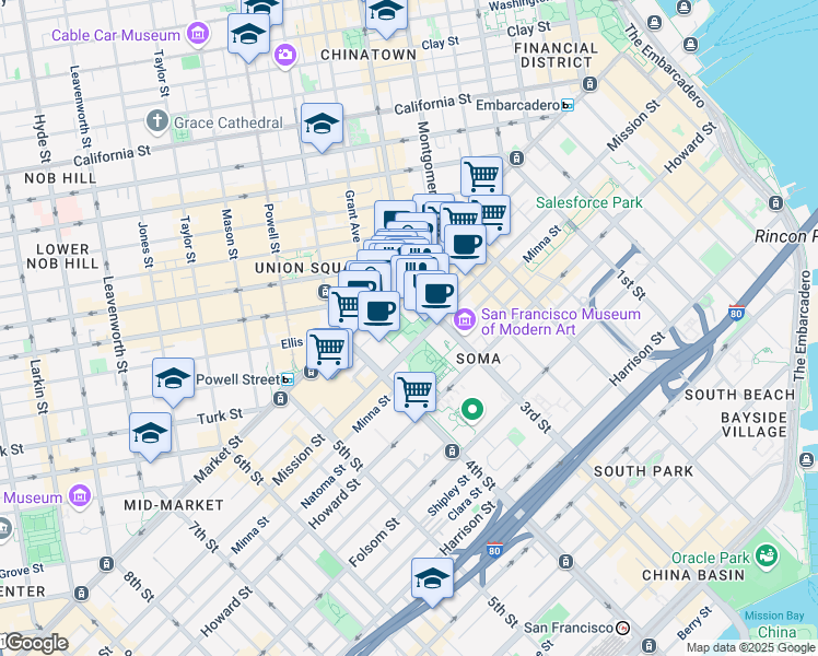 map of restaurants, bars, coffee shops, grocery stores, and more near 706 Mission Street in San Francisco