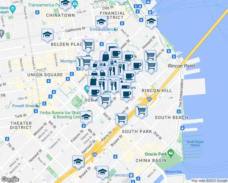 map of restaurants, bars, coffee shops, grocery stores, and more near 2nd St & Clementina St in San Francisco