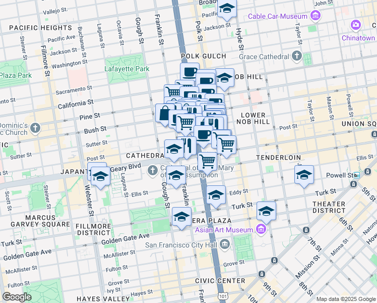 map of restaurants, bars, coffee shops, grocery stores, and more near 1101 Van Ness Avenue in San Francisco