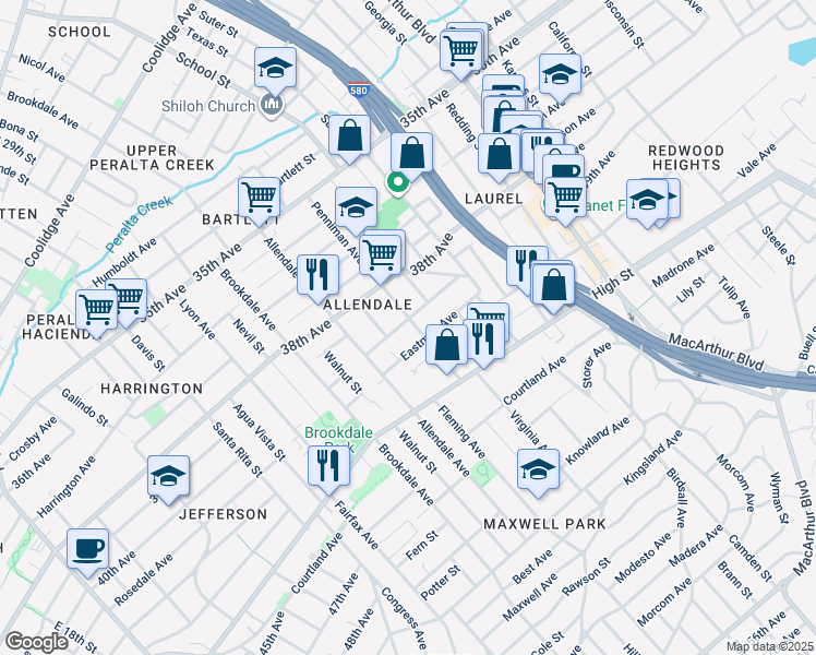 map of restaurants, bars, coffee shops, grocery stores, and more near 2938 Minna Avenue in Oakland