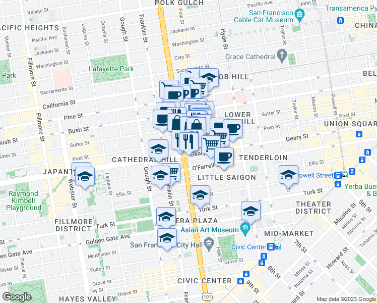 map of restaurants, bars, coffee shops, grocery stores, and more near 1100 Van Ness Avenue in San Francisco