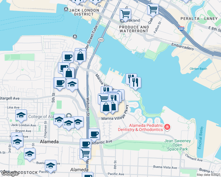 map of restaurants, bars, coffee shops, grocery stores, and more near 1230 Marina Village Parkway in Alameda
