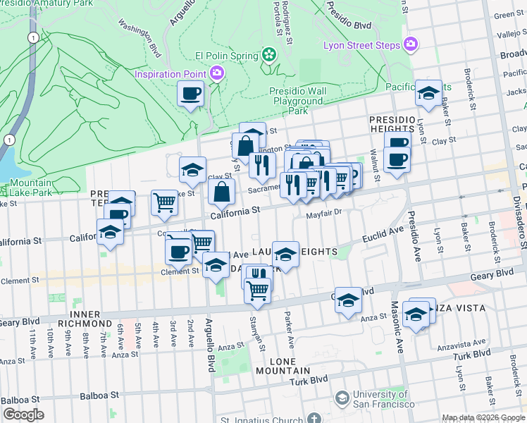 map of restaurants, bars, coffee shops, grocery stores, and more near 2 Commonwealth Avenue in San Francisco