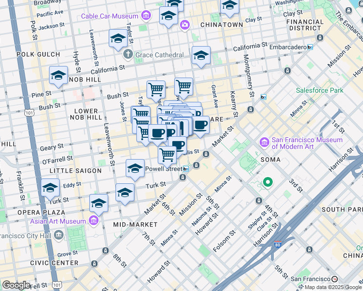 map of restaurants, bars, coffee shops, grocery stores, and more near 218 O'Farrell Street in San Francisco