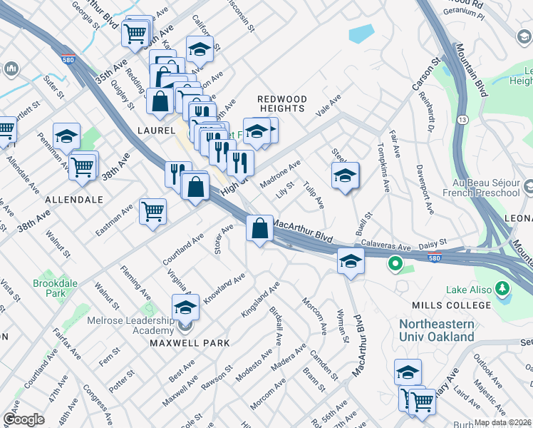 map of restaurants, bars, coffee shops, grocery stores, and more near 4435 Masterson Street in Oakland
