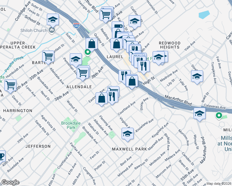 map of restaurants, bars, coffee shops, grocery stores, and more near 3304 Maybelle Way in Oakland