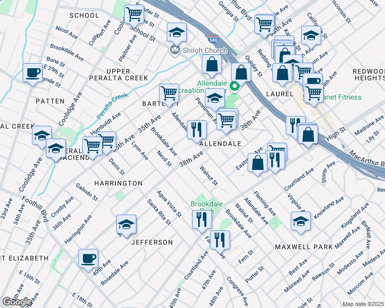 map of restaurants, bars, coffee shops, grocery stores, and more near 2724 Viola Street in Oakland