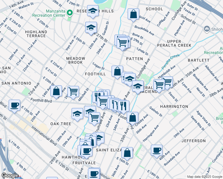map of restaurants, bars, coffee shops, grocery stores, and more near 3209 Galindo Street in Oakland