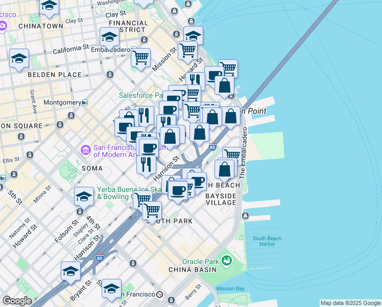map of restaurants, bars, coffee shops, grocery stores, and more near in San Francisco