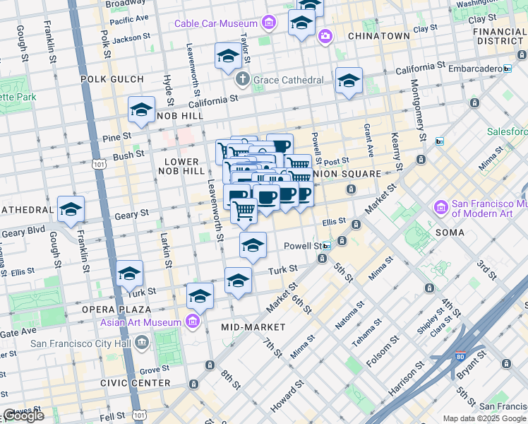map of restaurants, bars, coffee shops, grocery stores, and more near 34 Shannon Street in San Francisco