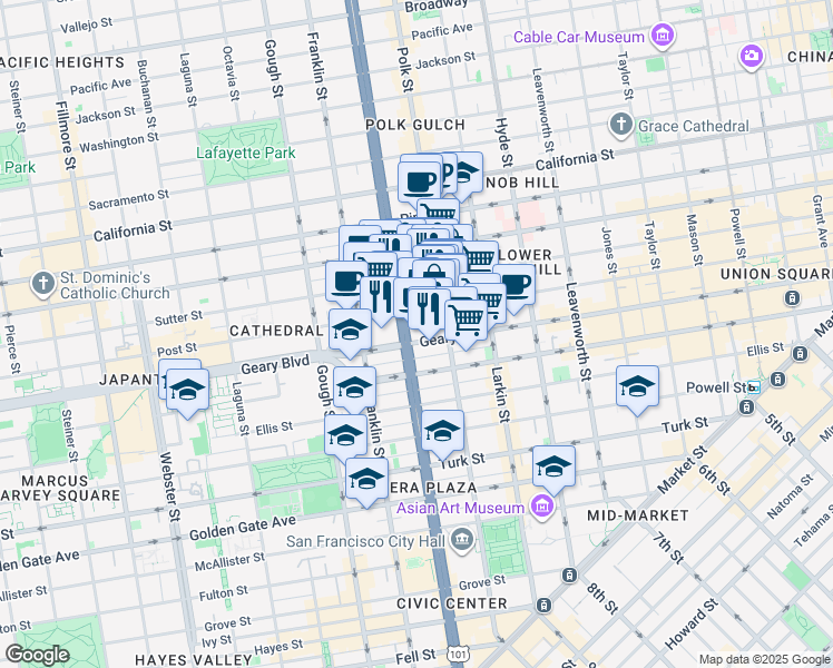 map of restaurants, bars, coffee shops, grocery stores, and more near 1161 Post Street in San Francisco