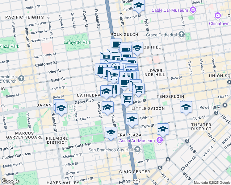 map of restaurants, bars, coffee shops, grocery stores, and more near 1255 Post Street in San Francisco
