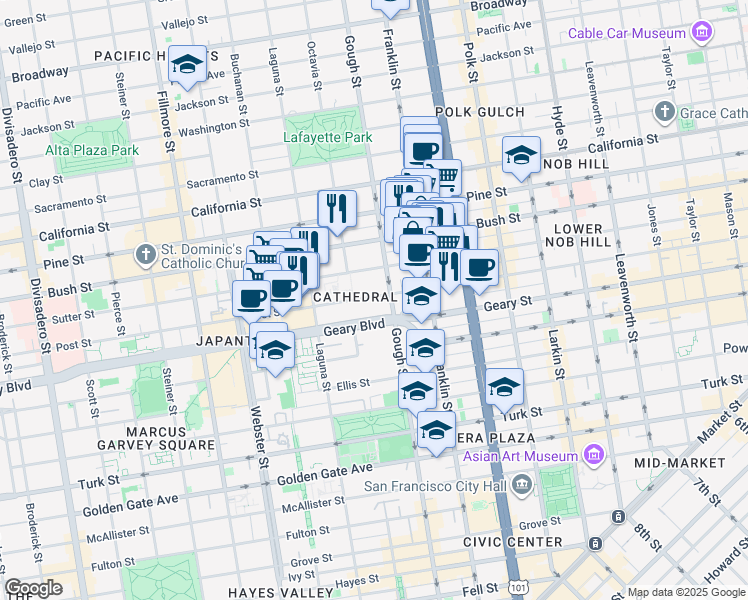 map of restaurants, bars, coffee shops, grocery stores, and more near 1407 Gough Street in San Francisco