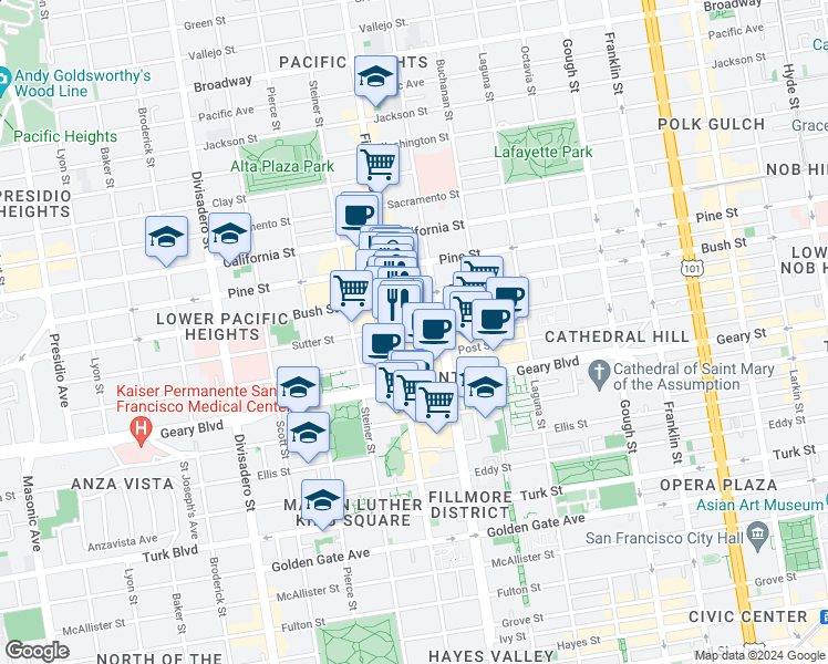 map of restaurants, bars, coffee shops, grocery stores, and more near in San Francisco