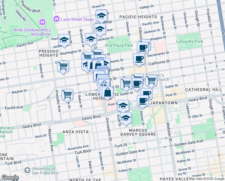 map of restaurants, bars, coffee shops, grocery stores, and more near 2510 Bush Street in San Francisco