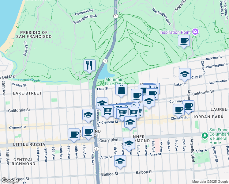map of restaurants, bars, coffee shops, grocery stores, and more near 900 Lake Street in San Francisco