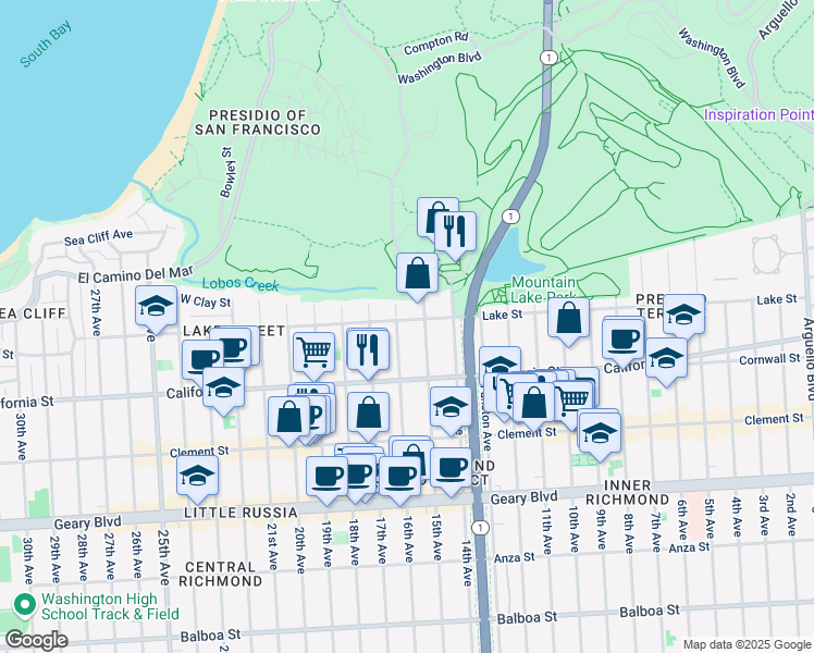 map of restaurants, bars, coffee shops, grocery stores, and more near 1434 Lake Street in San Francisco