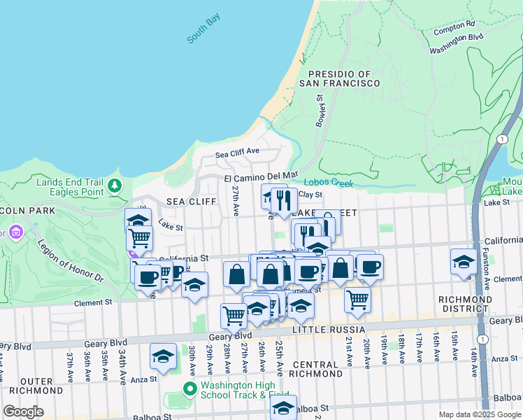 map of restaurants, bars, coffee shops, grocery stores, and more near 157 25th Avenue in San Francisco