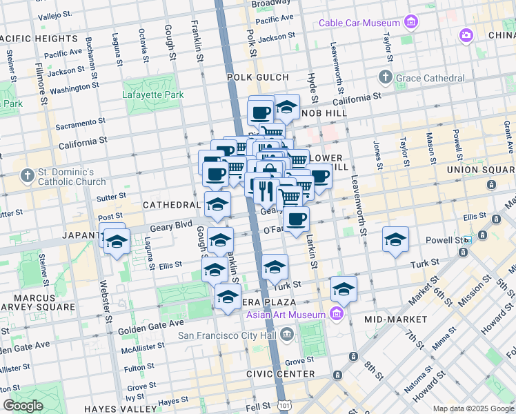 map of restaurants, bars, coffee shops, grocery stores, and more near 1100 Van Ness Avenue in San Francisco