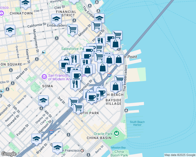 map of restaurants, bars, coffee shops, grocery stores, and more near 401 Harrison Street in San Francisco