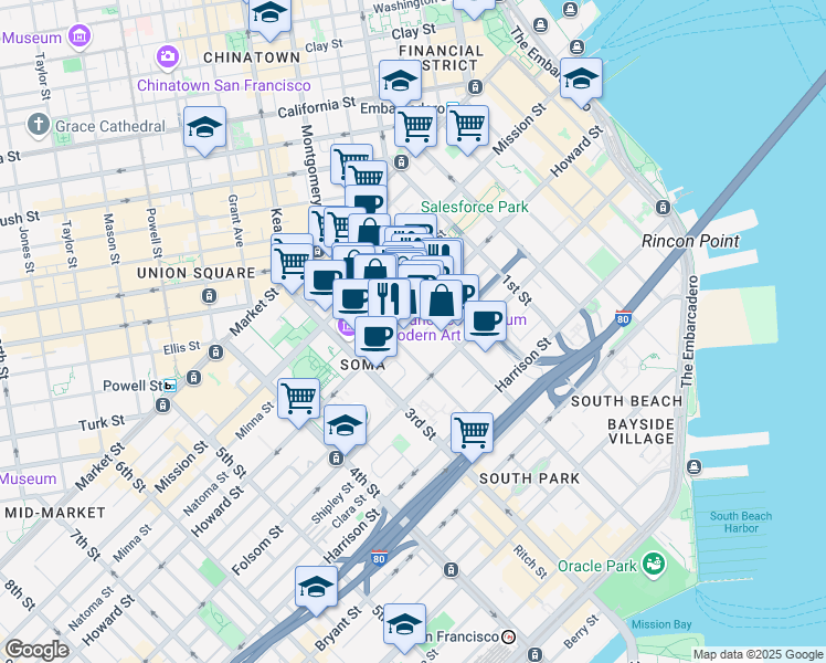 map of restaurants, bars, coffee shops, grocery stores, and more near 168 2nd Street in San Francisco