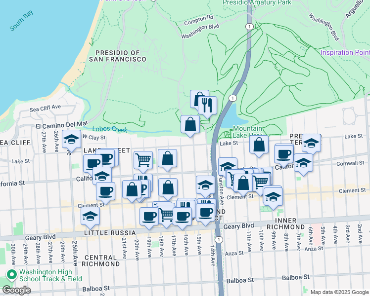 map of restaurants, bars, coffee shops, grocery stores, and more near 1445 Lake Street in San Francisco