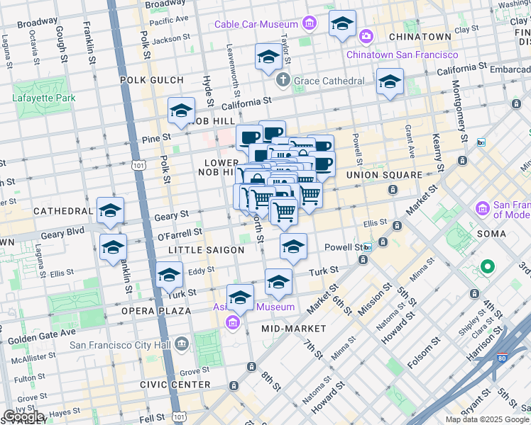 map of restaurants, bars, coffee shops, grocery stores, and more near in San Francisco