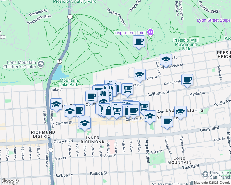 map of restaurants, bars, coffee shops, grocery stores, and more near 321 Lake Street in San Francisco