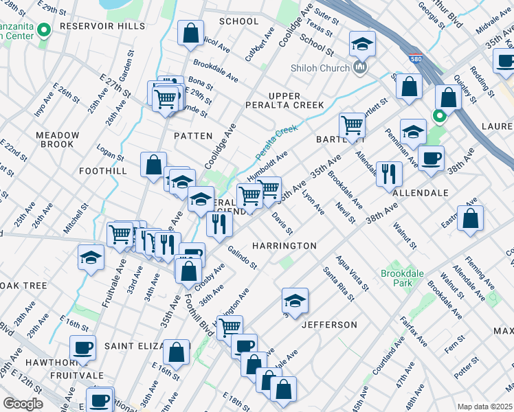 map of restaurants, bars, coffee shops, grocery stores, and more near 2316 Bartlett Street in Oakland