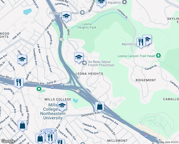 map of restaurants, bars, coffee shops, grocery stores, and more near 5415 Leona Street in Oakland