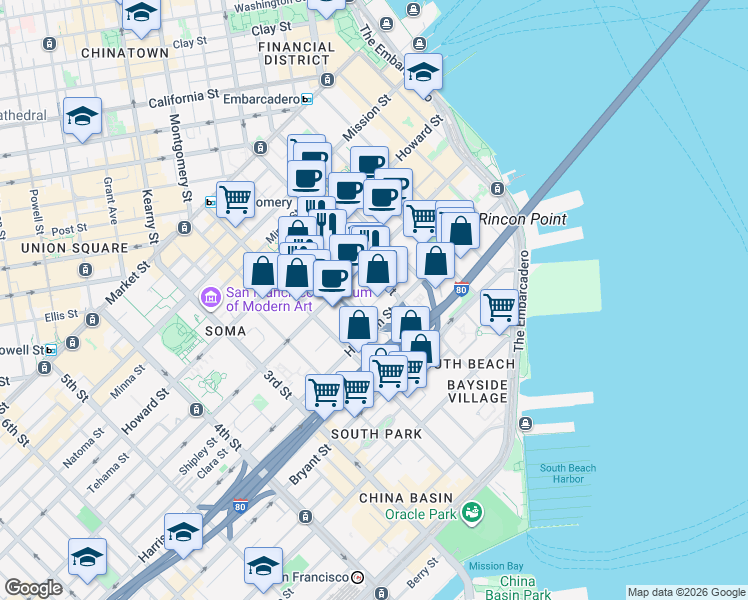 map of restaurants, bars, coffee shops, grocery stores, and more near 346 1st Street in San Francisco