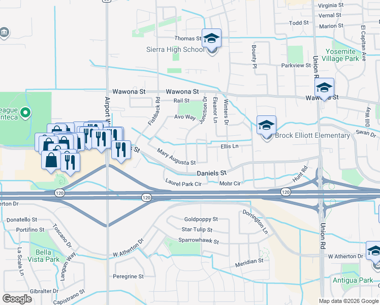 map of restaurants, bars, coffee shops, grocery stores, and more near 1121 Brookhaven Lane in Manteca