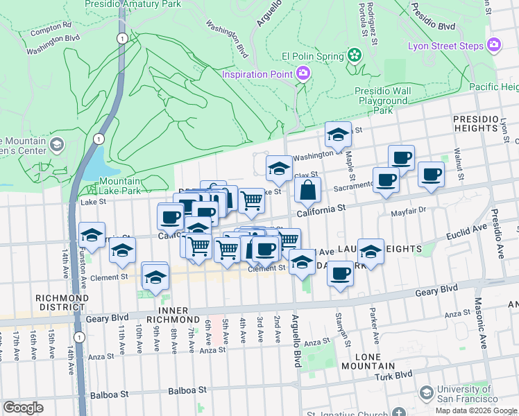map of restaurants, bars, coffee shops, grocery stores, and more near 115 3rd Avenue in San Francisco
