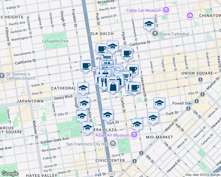 map of restaurants, bars, coffee shops, grocery stores, and more near in San Francisco