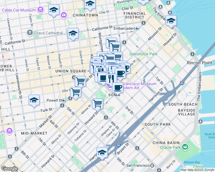 map of restaurants, bars, coffee shops, grocery stores, and more near 125 3rd Street in San Francisco