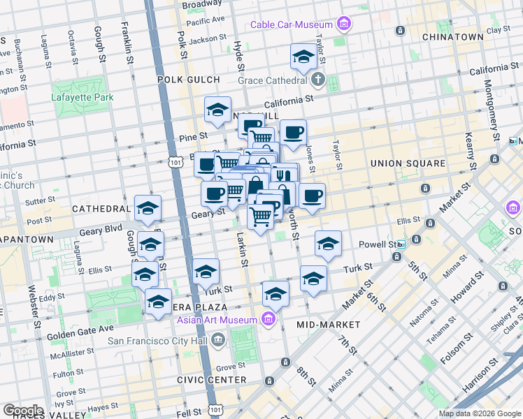 map of restaurants, bars, coffee shops, grocery stores, and more near 610 Hyde Street in San Francisco