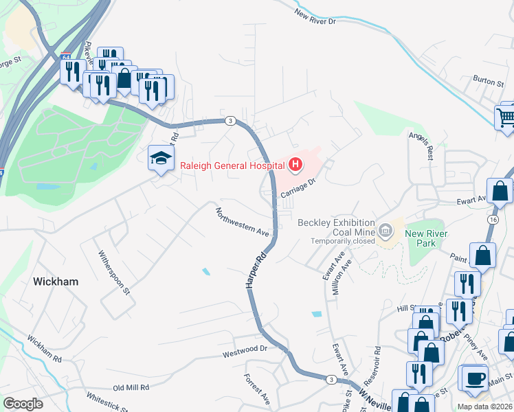 map of restaurants, bars, coffee shops, grocery stores, and more near 1709 Harper Road in Beckley