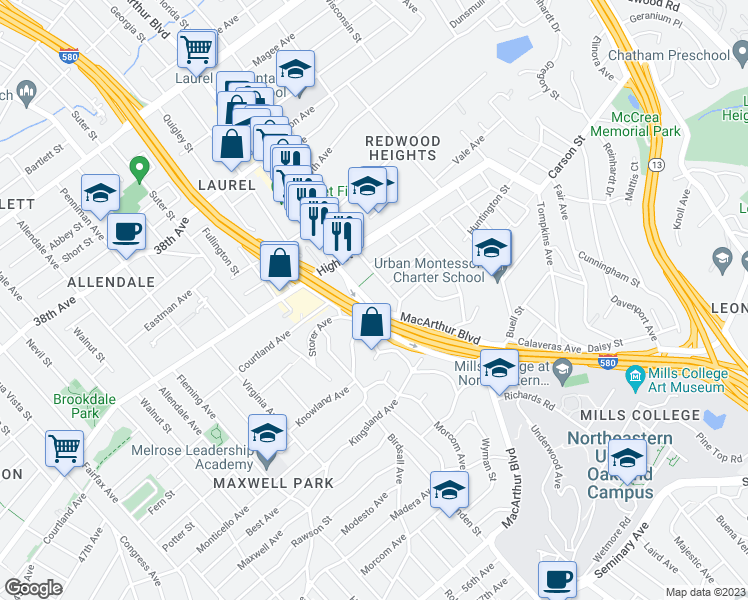 map of restaurants, bars, coffee shops, grocery stores, and more near 4448 MacArthur Boulevard in Oakland