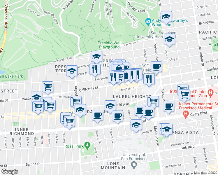 map of restaurants, bars, coffee shops, grocery stores, and more near 2 Parker Avenue in San Francisco