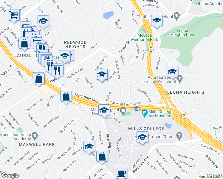 map of restaurants, bars, coffee shops, grocery stores, and more near 4616 Steele Street in Oakland