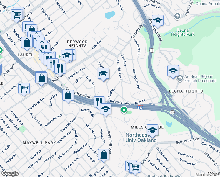 map of restaurants, bars, coffee shops, grocery stores, and more near 4616 Steele Street in Oakland
