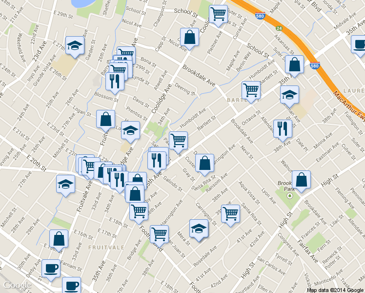 map of restaurants, bars, coffee shops, grocery stores, and more near 2316 Bartlett Street in Oakland