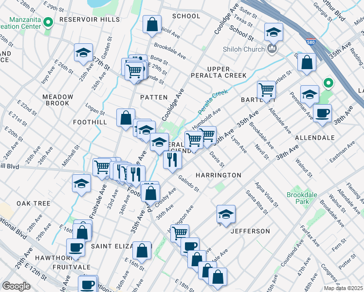 map of restaurants, bars, coffee shops, grocery stores, and more near 3456 Paxton Avenue in Oakland