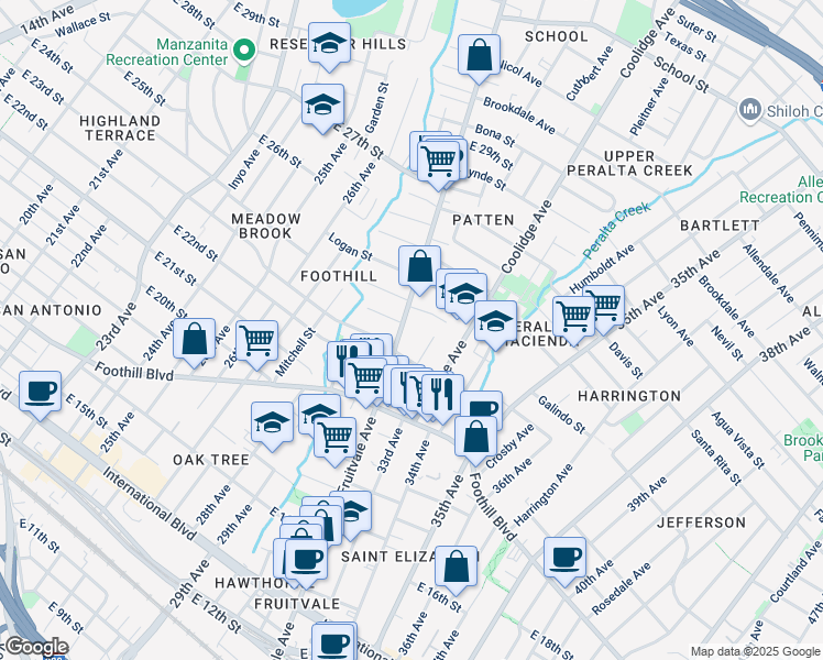 map of restaurants, bars, coffee shops, grocery stores, and more near 3209 Galindo Street in Oakland
